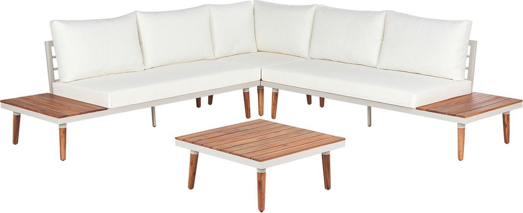 BELIANI Lounge Set Hellbraun Akazienholz 4-Teilig 5-Sitzer Garten-Ecksofa mit Couchtisch Auflagen Cremeweiß Terrasse Outdoor Modern Gartenmöbel Set