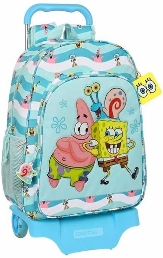 Sac à dos scolaire à roulettes Spongebob Stay positive bleu et blanc