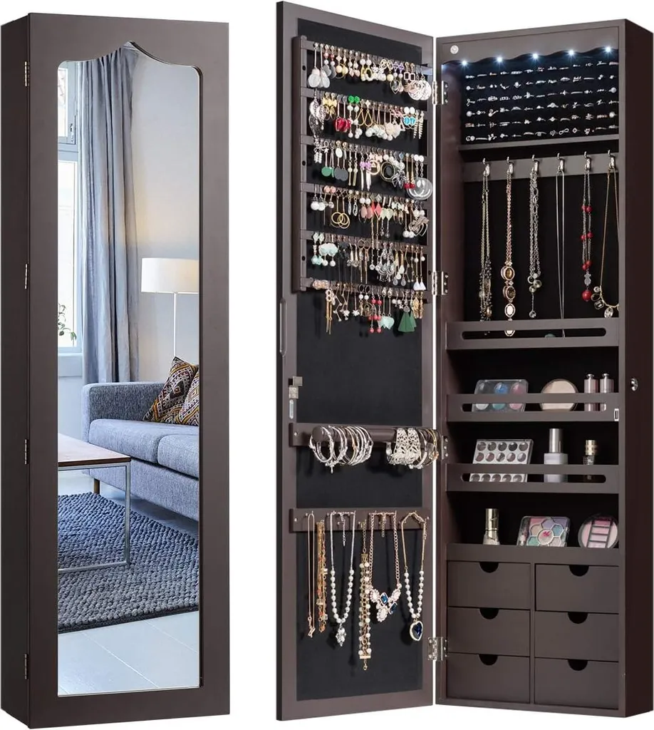 Armoire Bijoux Lumineuse LED avec Miroir Psyché et Rangement Verrouillable