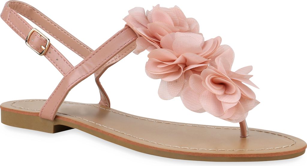 Mytrendshoe Damen Sandalen Zehentrenner Blumen Flats Sommerschuhe 810035, Farbe: Apricot, Größe: 36
