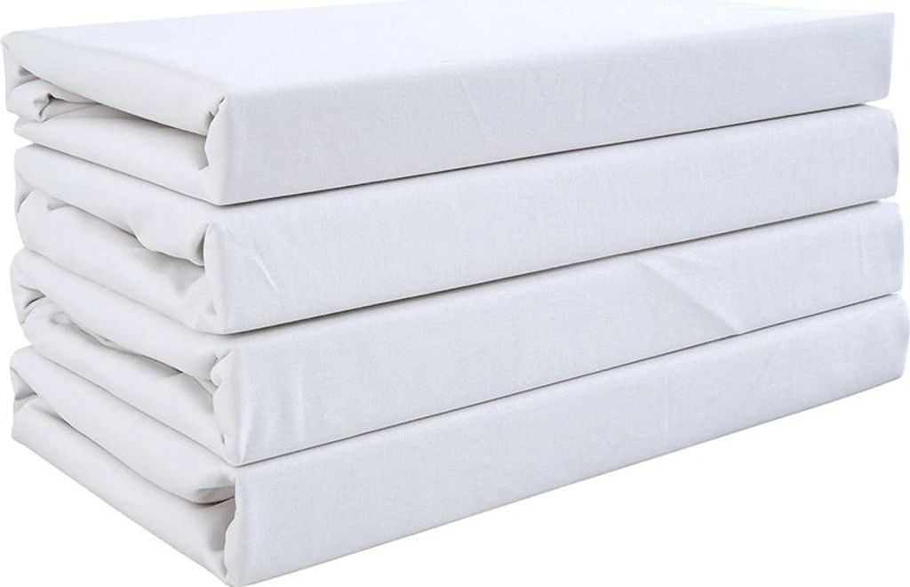 A stack of four white fitted sheets.