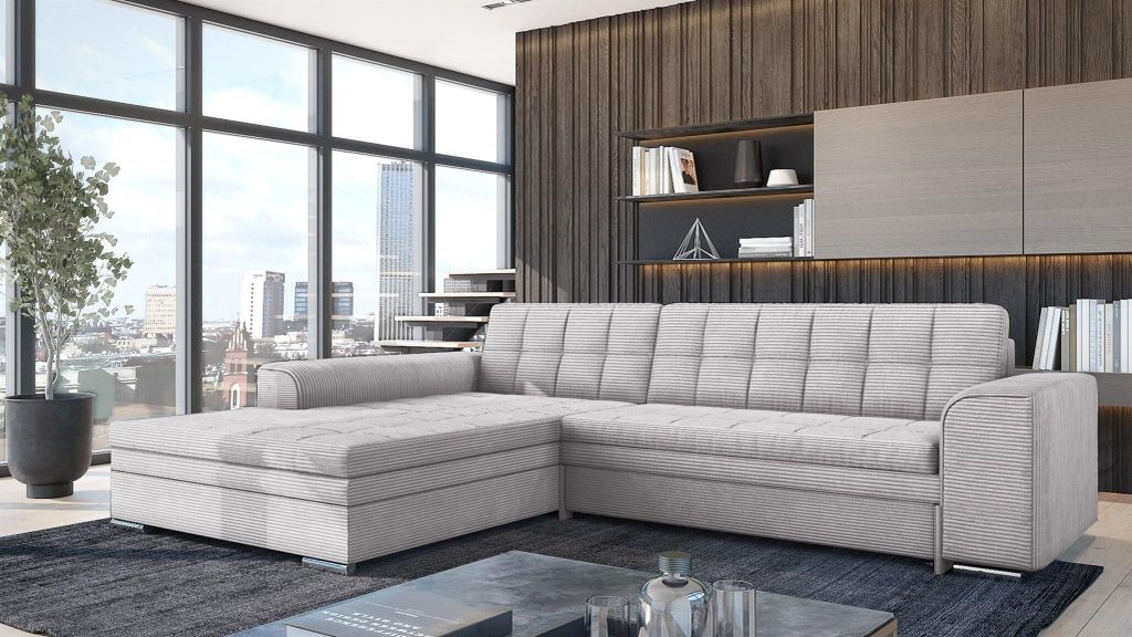 Ecksofa Schlafsofa Sofa LUSAKA in Stoff Lincoln Lichtgrau Ottomane Links