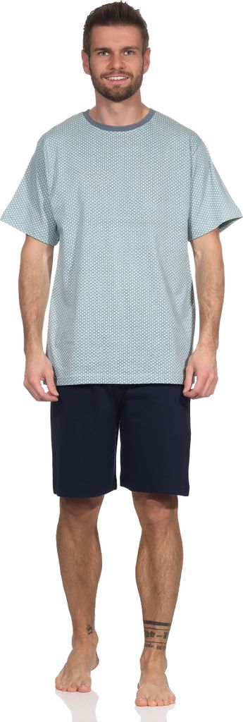 Herren Shorty Schlafanzug kurz, Farben:Alloverdruck auf aqua, Gr.:XL