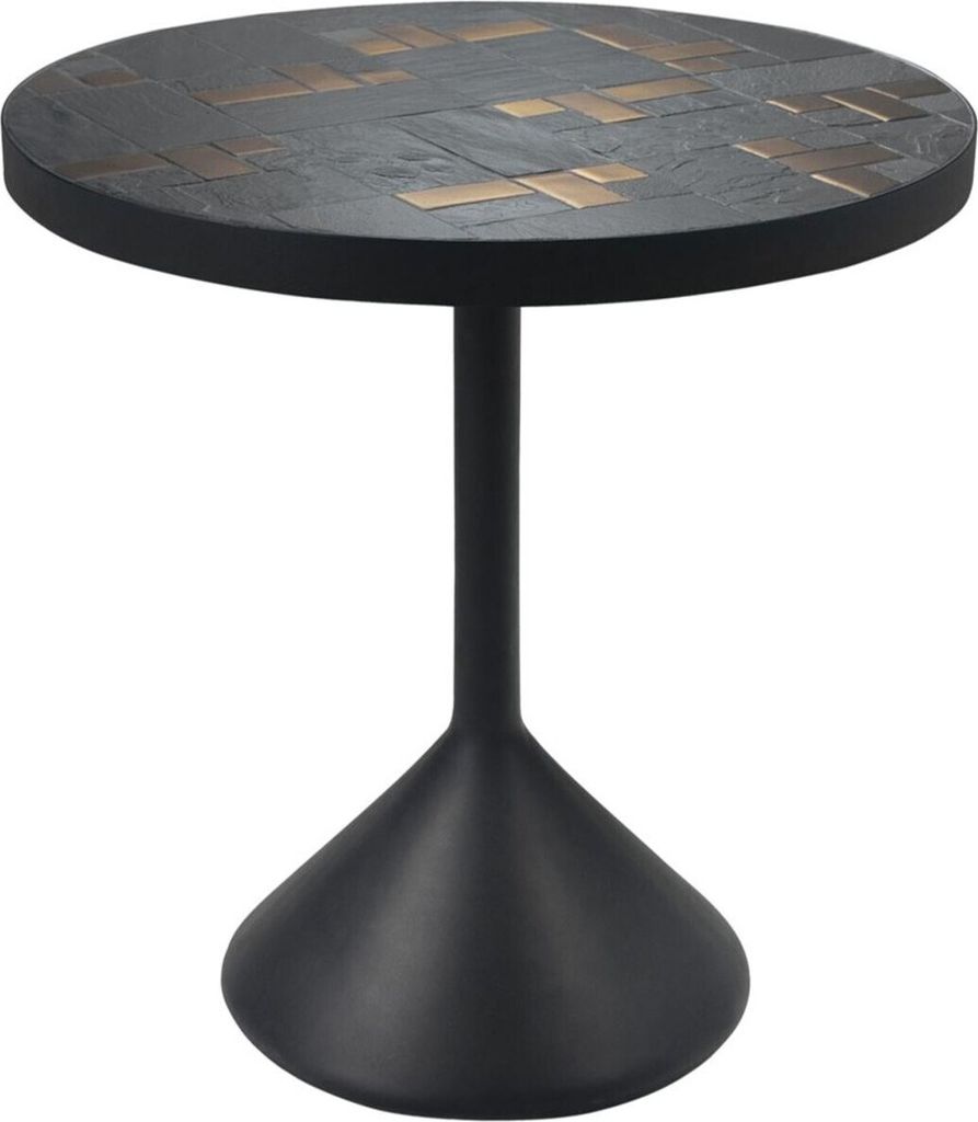 Casa Padrino Luxus Wohnzimmertisch Mehrfarbig / Schwarz Ø 50 x H. 53 cm - Runder Couchtisch mit Schieferplatten & Keramik Fliesen