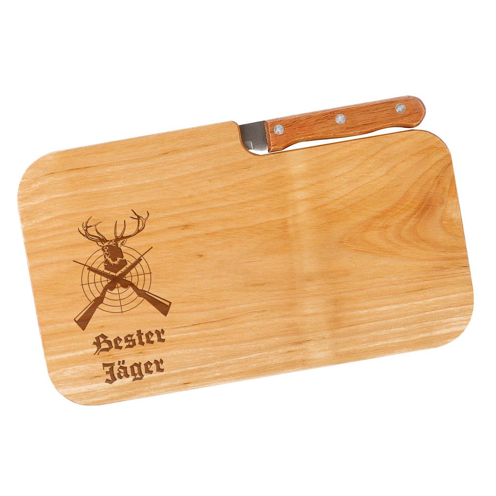 Frühstücksbrett mit Gravur und integriertem Messer – Geschenkidee für Männer mit verschiedenen Motiven (Bester Jäger)
