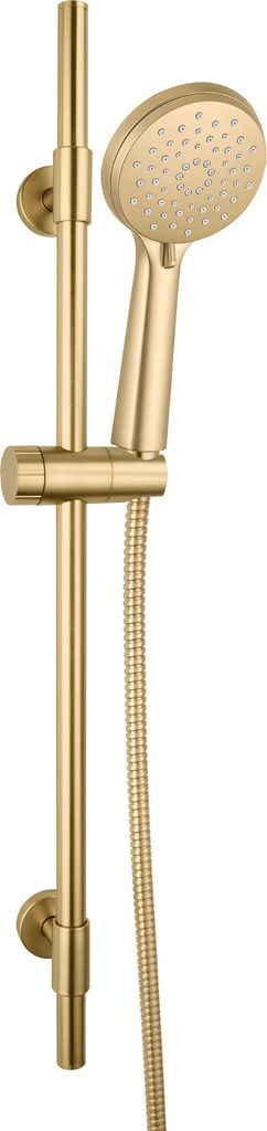 A gold-colored shower set mounted on a white background.