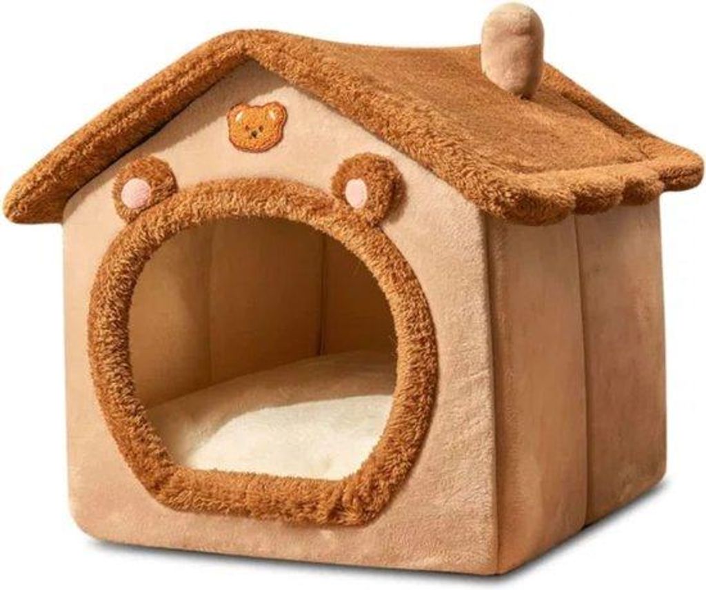 Wasbares Katzenbett, warmes Hundebett, braun, mittel, aufklappbar