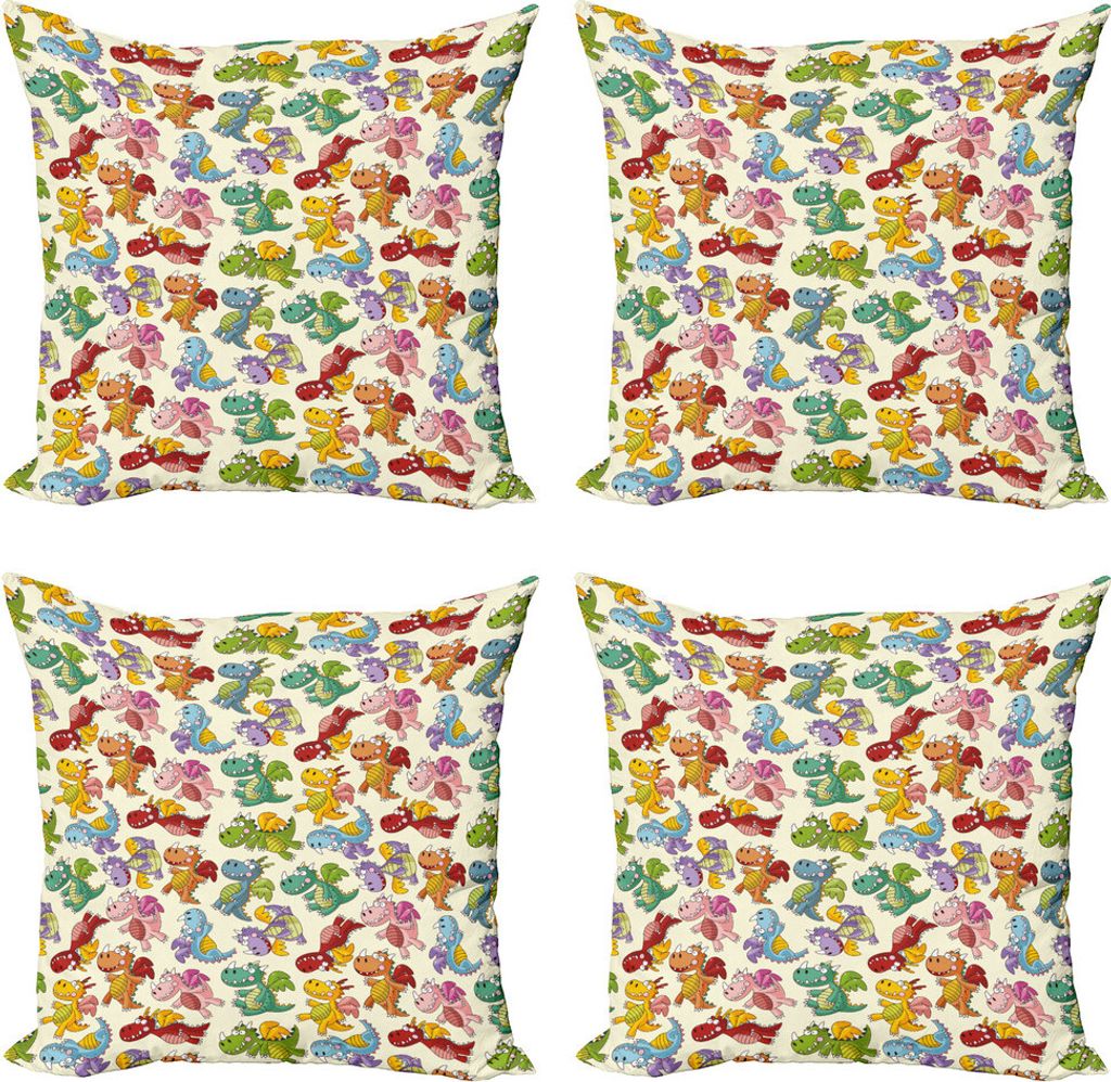 ABAKUHAUS Kinder Kissenbezug Set (4 Stück), Glückliche Dinasours, Moderner Doppelseitiger Digitaldruck, 50 cm x 50 cm, Mehrfarbig