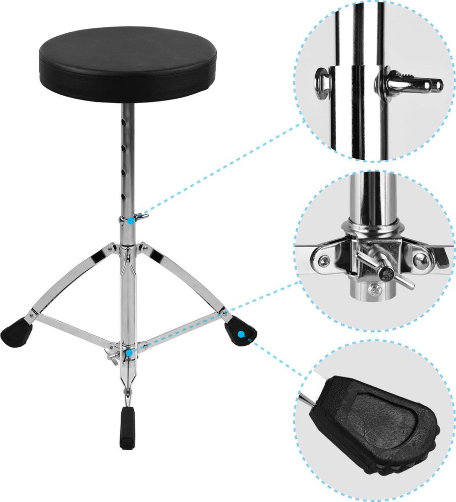 Universal Drum Throne Runder gepolsterter Sitzhocker Doppelstrebige Edelstahlbeine Rutschfest 5-stufig höhenverstellbar für erwachsene Schlagzeuger