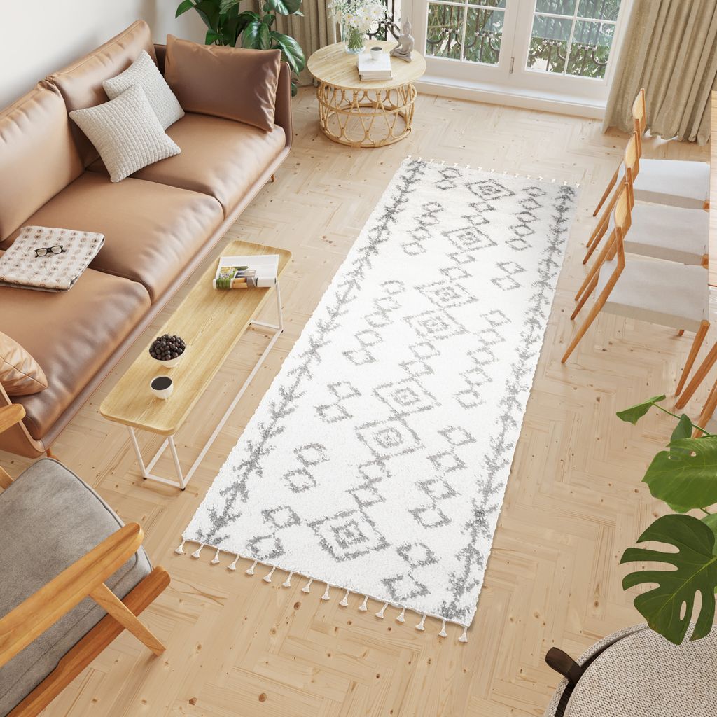 Teppichläufer Flur Teppich Hochflor Langflor Modern Brücke Wohnzimmer Schlafzimmer Design Creme Grau Fransen 100 x 400 cm