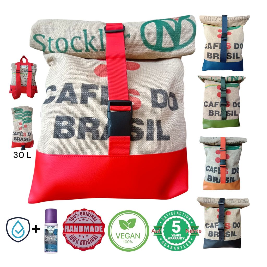 VAN DER ELV-Roll Top Rucksack, Backpacker, Upcycling, Hamburger Kaffeesack, 30 L Fassungsvermögen, Fair Trade, nachhaltig, 100% Handarbeit, vegan,