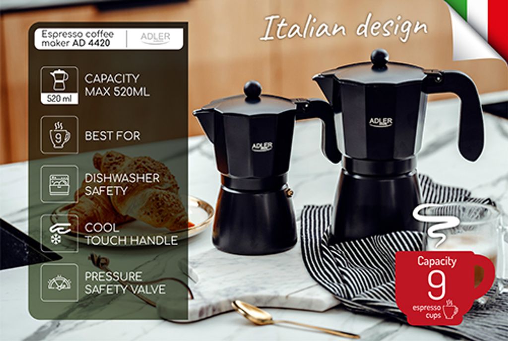 Adler espresso 520ml pro plyn a elektřinu, černé, šálků