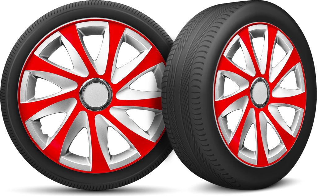 Auto Radkappen Radzierblenden 4er Set passend für alle Stahlfelgen - einstellbarer Sicherungsring - 14 Zoll - Rot Silber