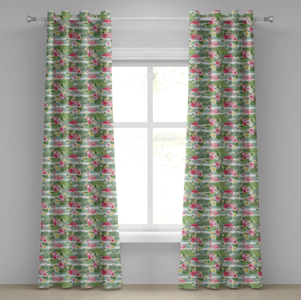 ABAKUHAUS Flamingo Ösenvorhang, Flamingos Mit Exotischen Hawaiien Blättern Blüht Auf Gestreiftem Vintage Hintergrund, Dekorative 2-Panel-Fenster...