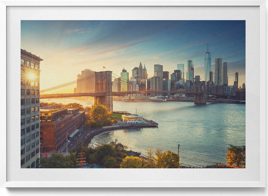 New York Manhattan Brooklyn-Brücke– Wandbild mit Rahmen – Gerahmtes Bild – Wanddekoration – 100x70 cm – Weiß Rahmen