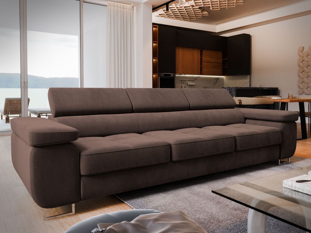 Sofa MOSINE Braun Velours-Stoff mit Schlaffunktion, Wohnzimmersofa, Couch, Soffa, Bettsofa, Couchgarnitur- Braun, MONOLITH 29