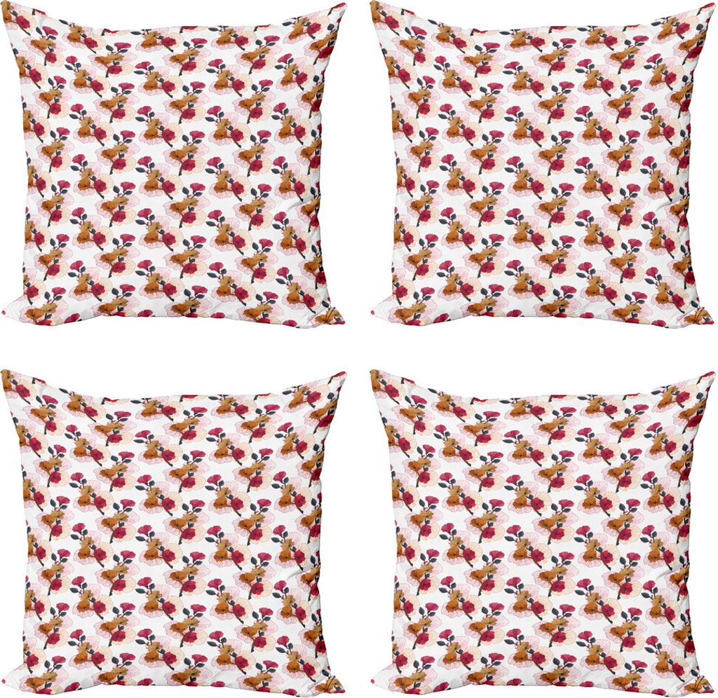 ABAKUHAUS Blumen Kissenbezug Set (4 Stück), Gestreifte Lavatera Blumen, Moderner Doppelseitiger Digitaldruck, 45 cm x 45 cm, Dark Pink orange