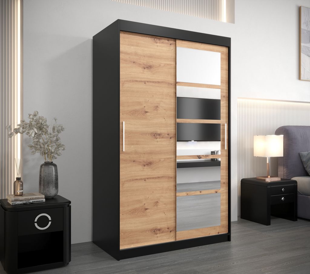 Kleiderschrank mit Spiegeln MARIE – Breite 120 cm, schwarz/Eiche handwerklich gefertigt