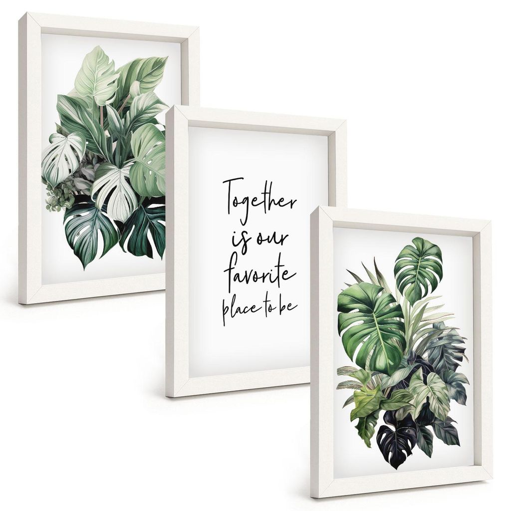Bilder Set 3-teilig im weißen Rahmen – Wandbilder 3 Stück – gerahmte Poster für Wohnzimmer, Schlafzimmer und Flur – 20x30 cm – Grüne Bl...