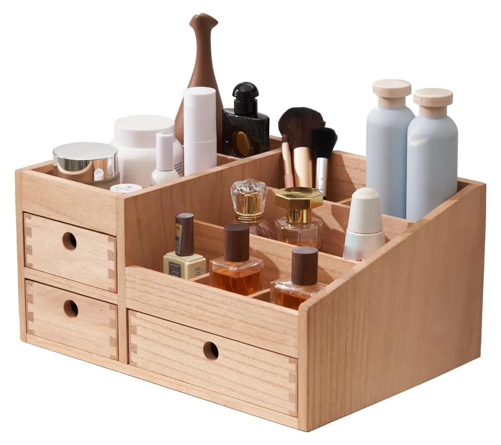 Armoire de rangement pour cosmétiques de table en bois clair à tiroirs
