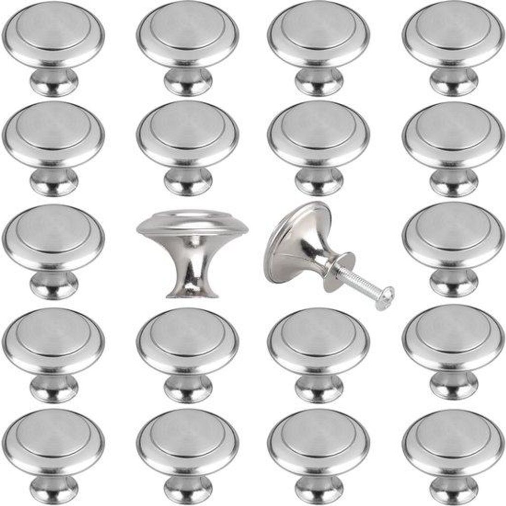 Keuken- und Badezimmerbeschläge, 20-teiliges Set, geborstelte Nickel-Knopfgriffe, 27 mm, Silber