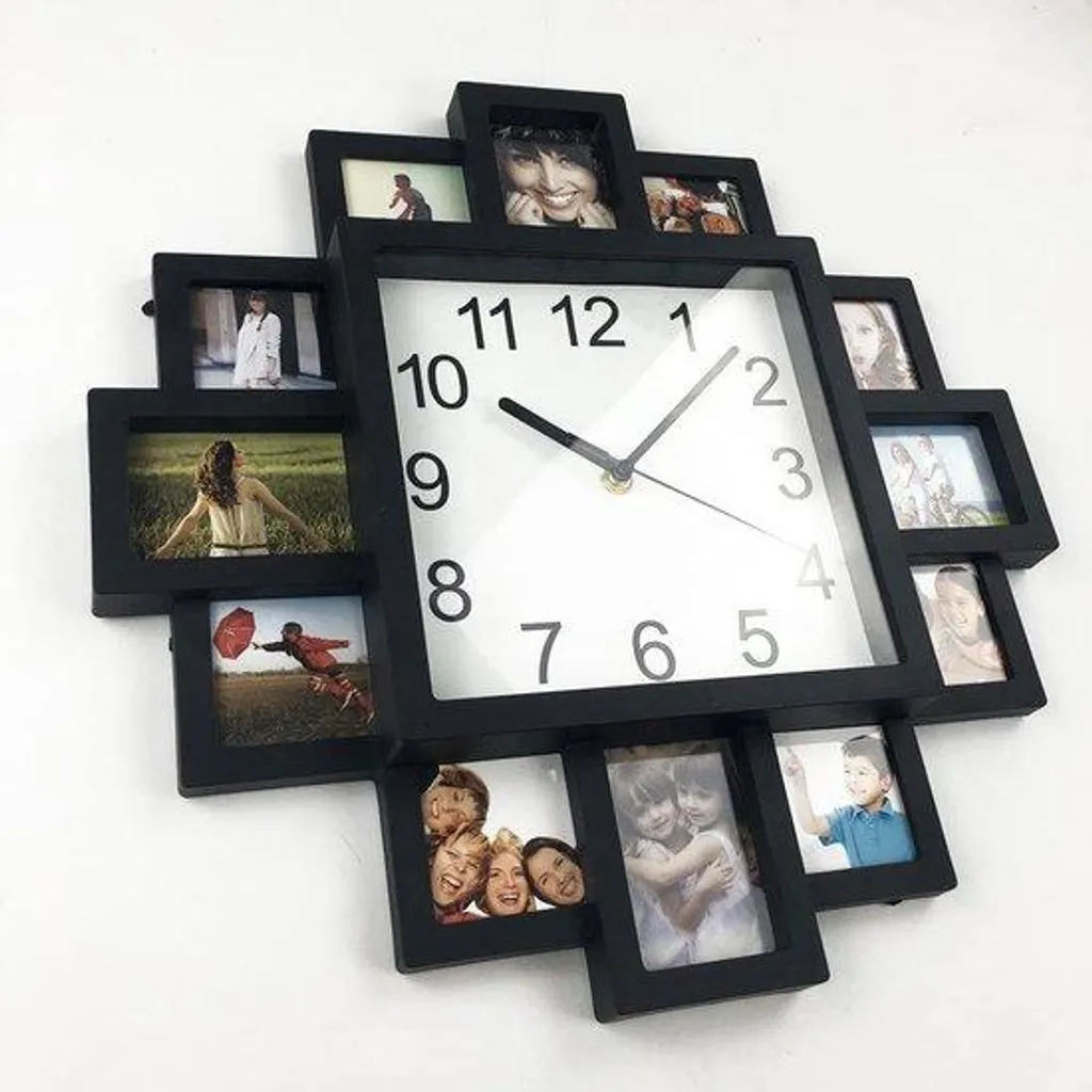 Horloge DIY design moderne multi-photos avec 12 cadres en plastique noir