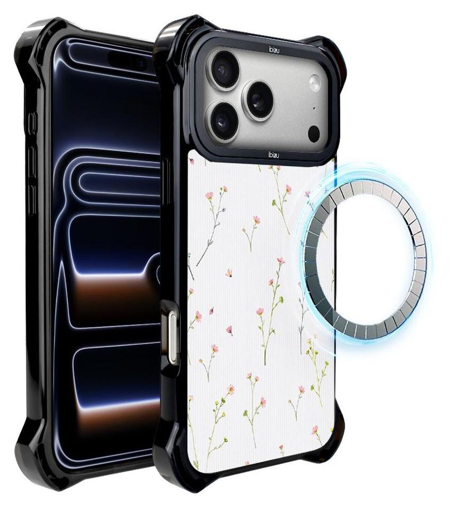 Schutzhülle für das iPhone 17 Pro, MagSafe-kompatibel, verstärkte Ecken, schwarz, Wiesenblumen