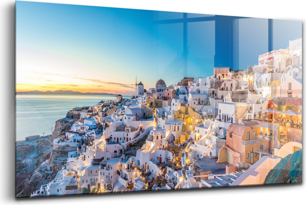 120x60 - Bilder auf glas - Einteilig - Wanddekoration - Glas Bilder - Sonnenuntergang in Oia auf der Insel Santorin, Griechenland