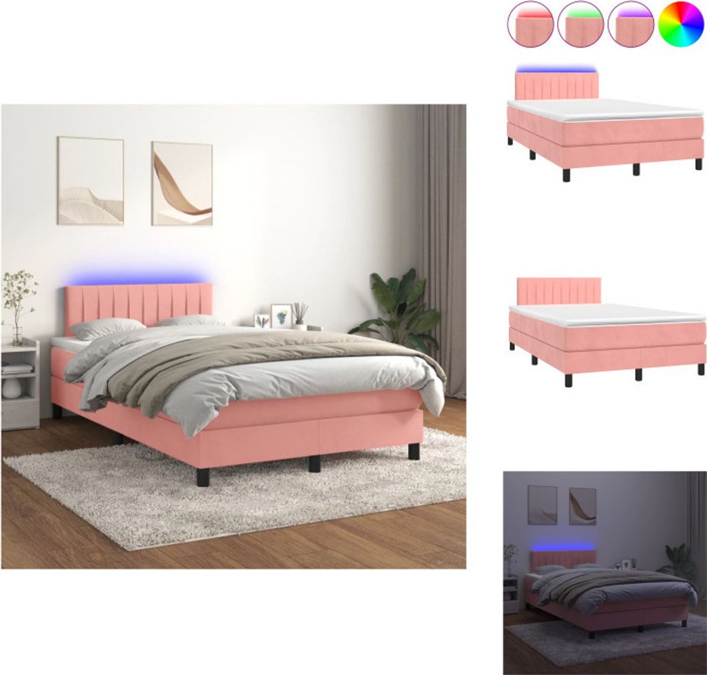 vidaXL Boxspringbett mit Matratze & LED Rosa 120x200 cm Samt - Betten & Bettgestelle