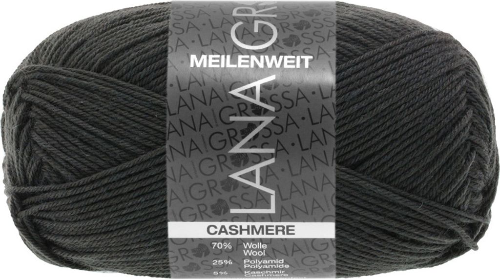 A ball of dark gray yarn with a label.