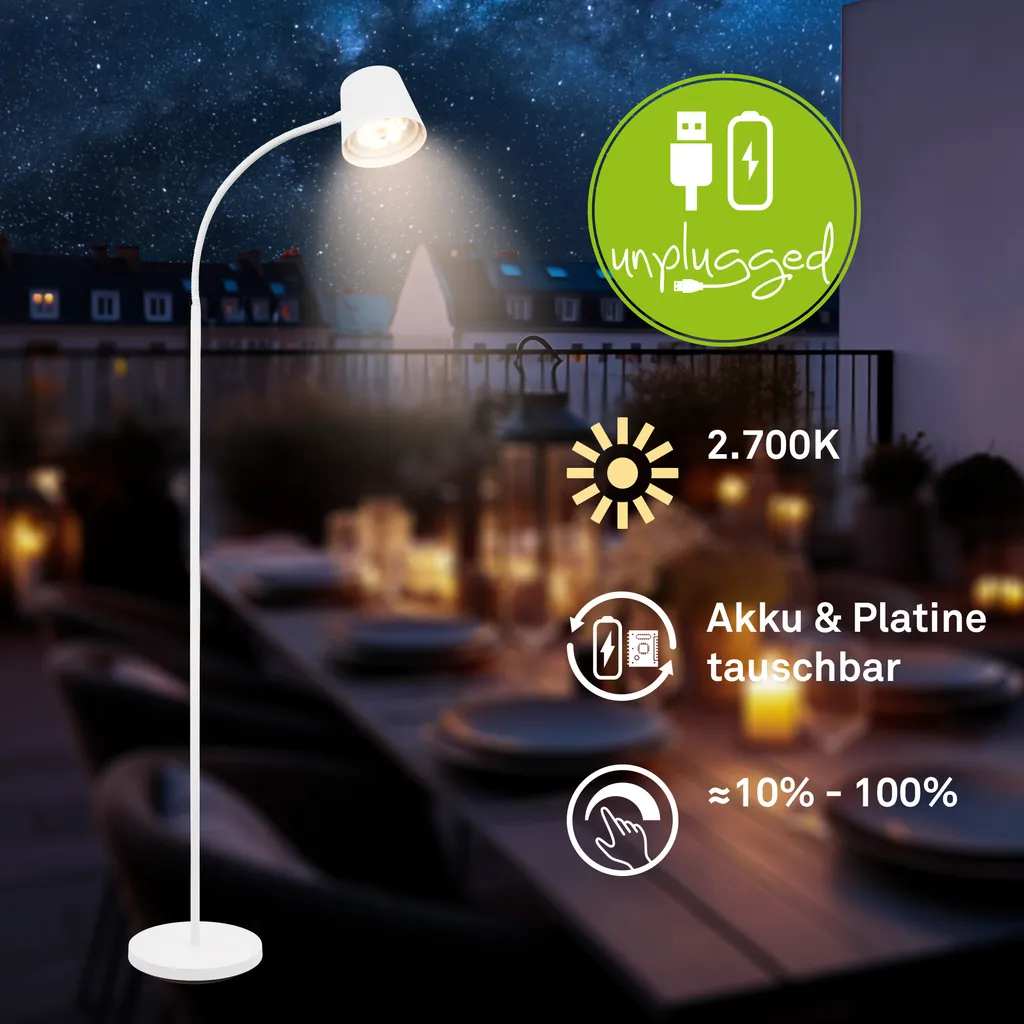 Briloner Cielo Lampadaire LED Sans Fil Blanc - Intensité Variable USB-C - 2