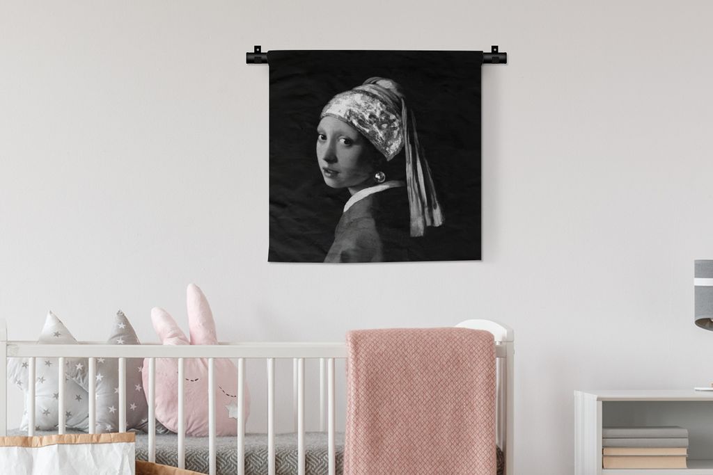 MuchoWow Wandteppich Wandbehang Das Mädchen mit dem Perlenohrring - Johannes Vermeer - Schwarz und weiß 60x60 cm Tapisserie Dekoration Wandtuch...