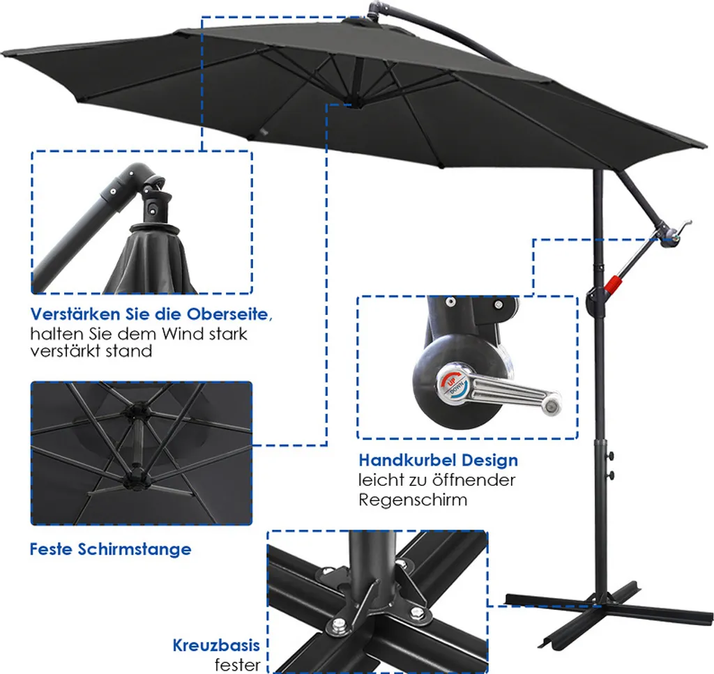 TolleTour 3,5 m ombrellone da giardino ombrellone da balcone ombrellone UV40+ ombrellone a semaforo， grigio