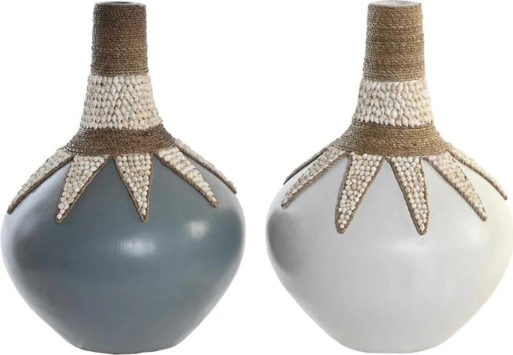 Vase en Bambou Tressé Motif Coquillages Bleu et Blanc Set de 2 Objets