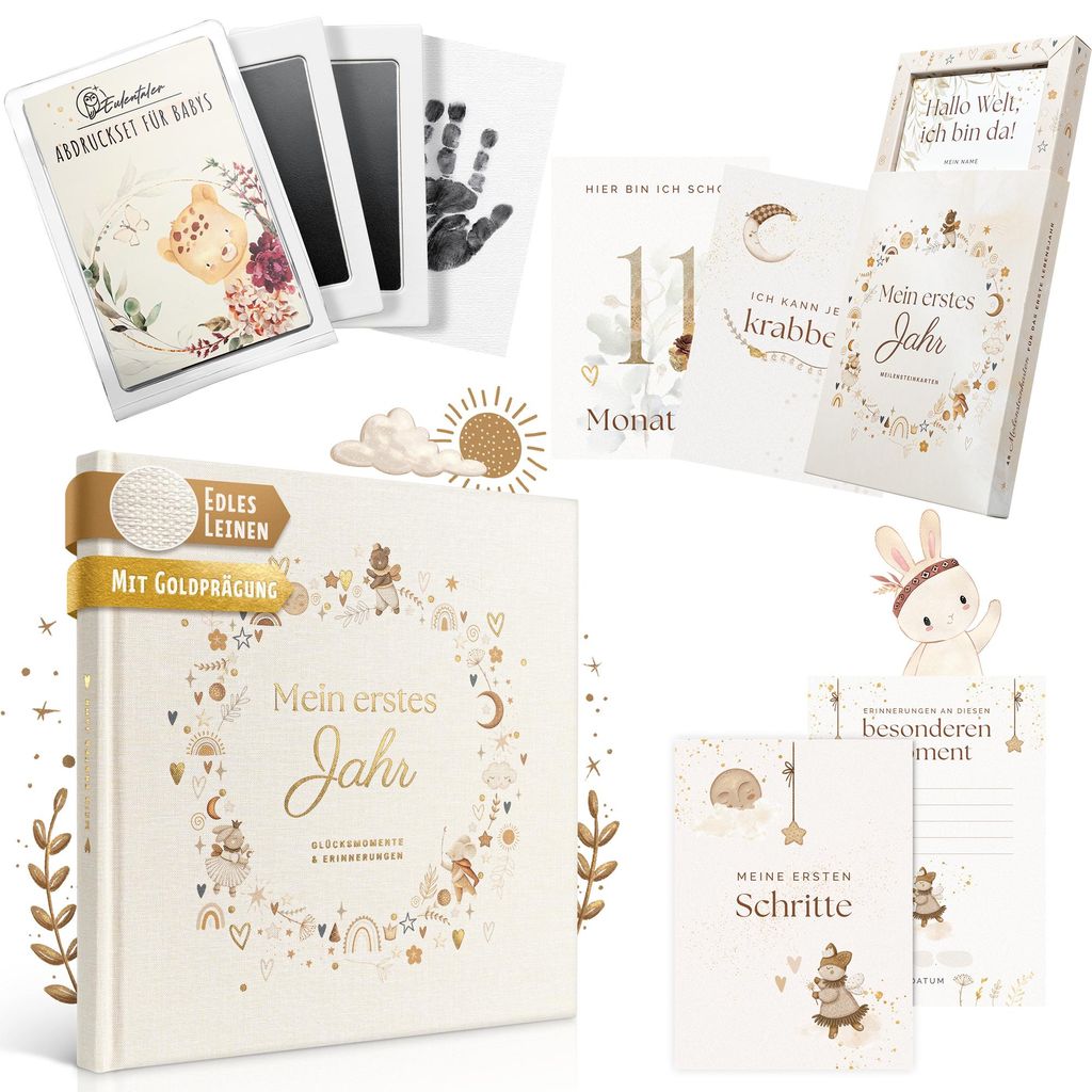 Baby-Set mit Babyalbum, Meilensteinkarten und Abdruckset in Creme und Gold im Überblick