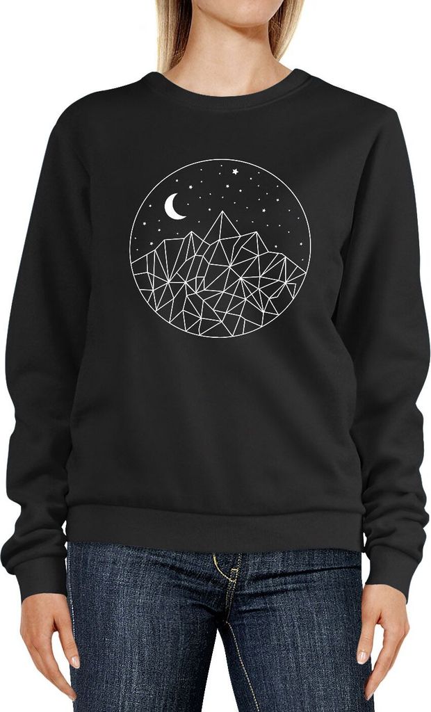 Sweatshirt Damen Print Berge und Sterne Polygon Design Rundhals-Pullover Pulli Sweater Neverless schwarz S