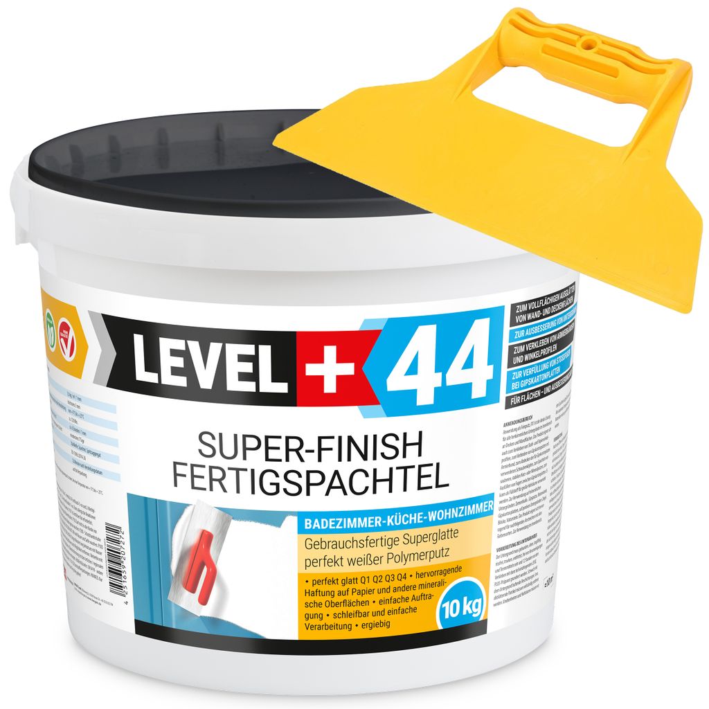 Super Finish Fertigspachtel Q1-Q4 Spachtelmasse 10kg Perfekt Glatt Weiß Innenbereich + Kunststoffspachtel Fugenspachtel ohne Zahnung Set RM44