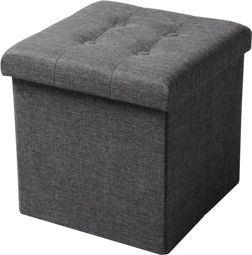 Sgabello con vano portaoggetti - Pouf pieghevole - Tessuto di lino - Rivestimento sfoderabile - 37,5 x 37,5 x 38 cm - Sgabello - Grigio scuro
