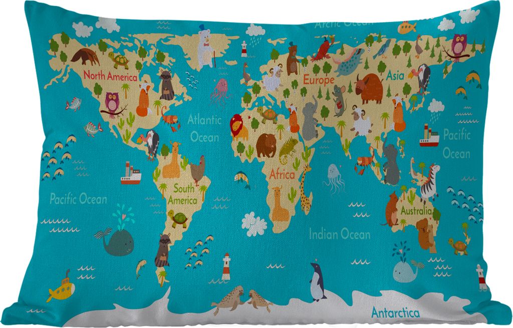 MuchoWow Outdoor Kissen - Weltkarte - Kinder - Tiere - Gelb - Blau - Jungen - Mädchen - 50x30 cm - Wetterfest - Lounge Kissen - Sofa kissen - Wo...