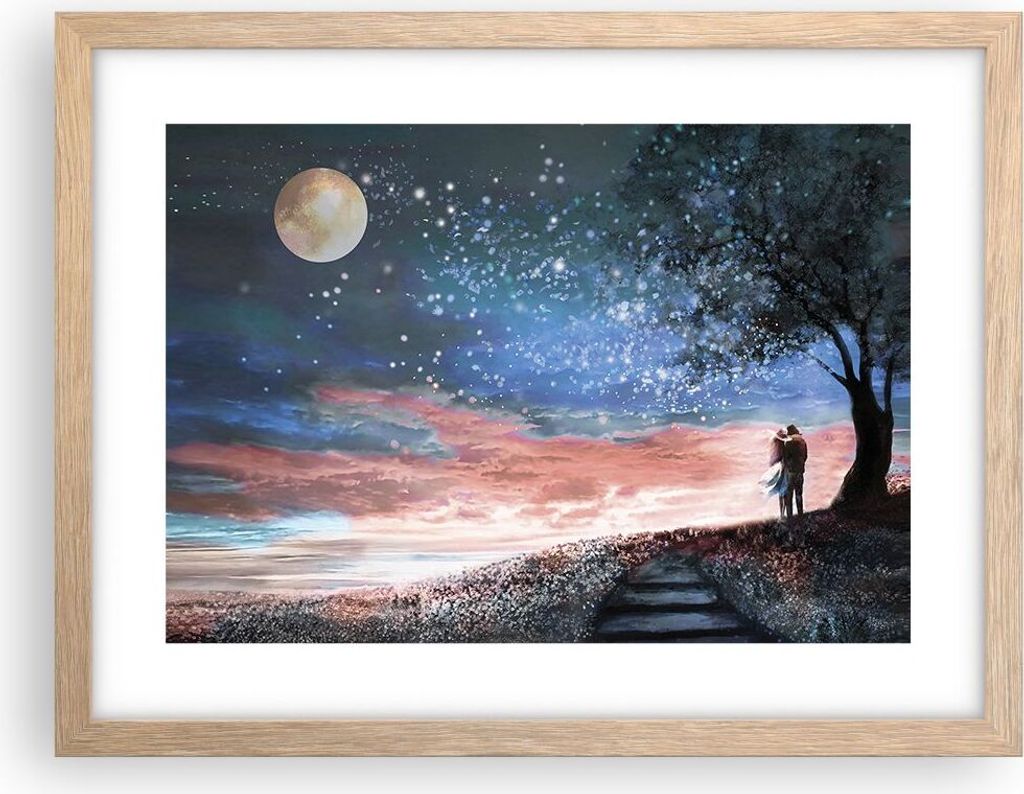 Gerahmtes Poster - Rahmen in heller Eiche - Himmel Mond Liebhaber - 40x30 cm - Wand Bild - Wanddeko - Wandbilder - Kunstposter - Wandposter - Bilde...