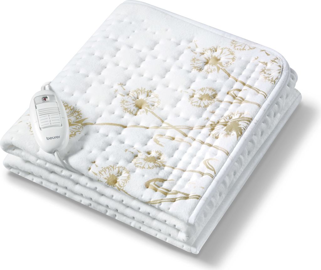 A folded electric blanket with a control unit attached.