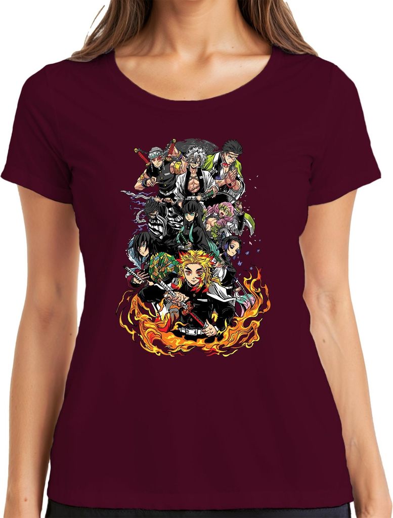 Demon Slayer Rengoku Tanjiro Nezuko Gruppe Feuer Anime Vintage Damen T-Shirt, Burgundy, XL