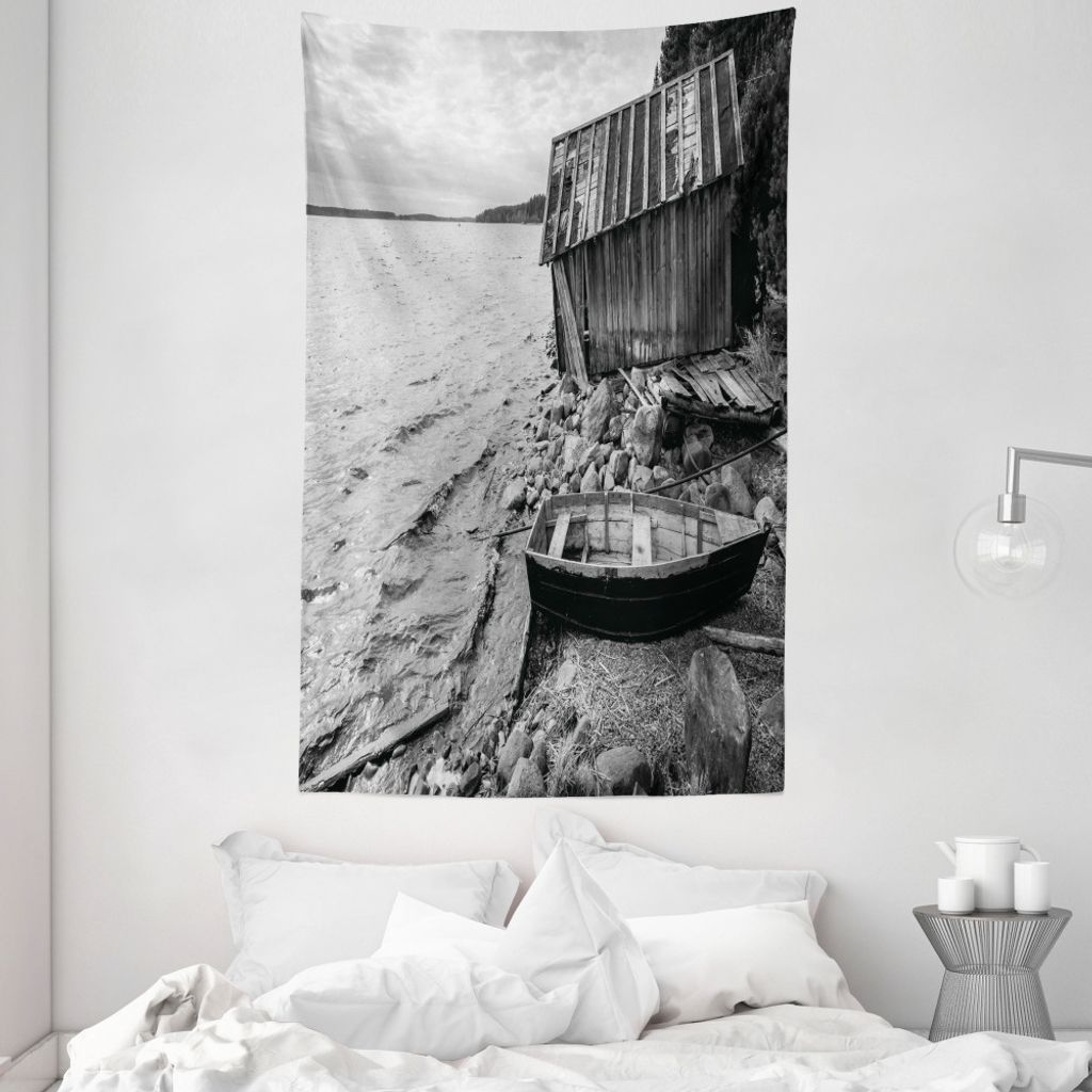 ABAKUHAUS Schwarz und weiß Wandteppich und Tagesdecke, Fischerboot aus Weiches Mikrofaser Stoff Waschbar ohne Verblassen Digitaldruck, 140 x 230 c...