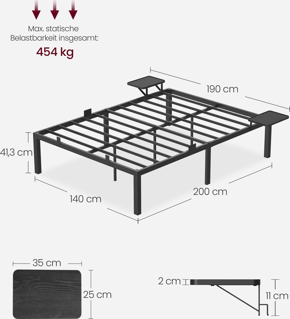 A diagram showing the dimensions of a bed frame and its components.