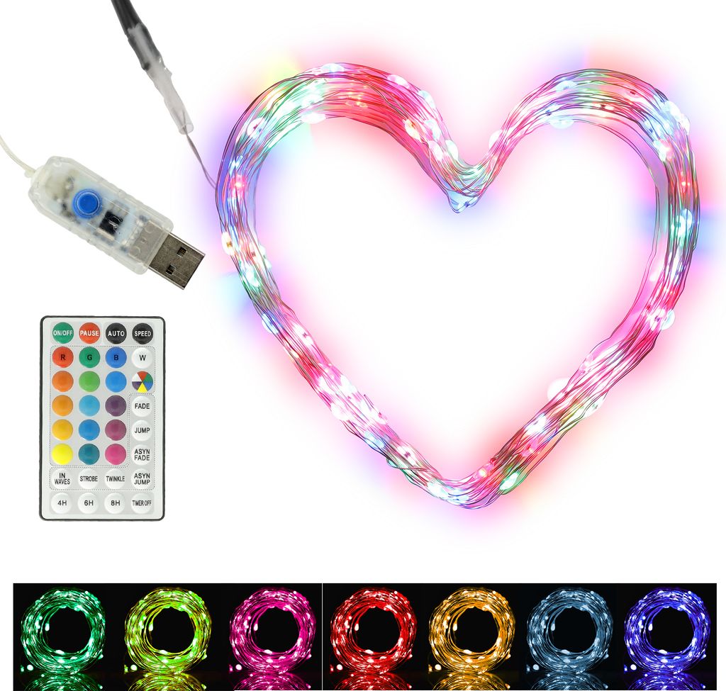 Clauss LED-Mini-Lichterkette Bunt mit USB-Anschluss und Fernbedienung, versch. Funktionen, 100 LEDs RGB mit 15 Farben,10 m, Kupfer-Draht, Innen-Ber...