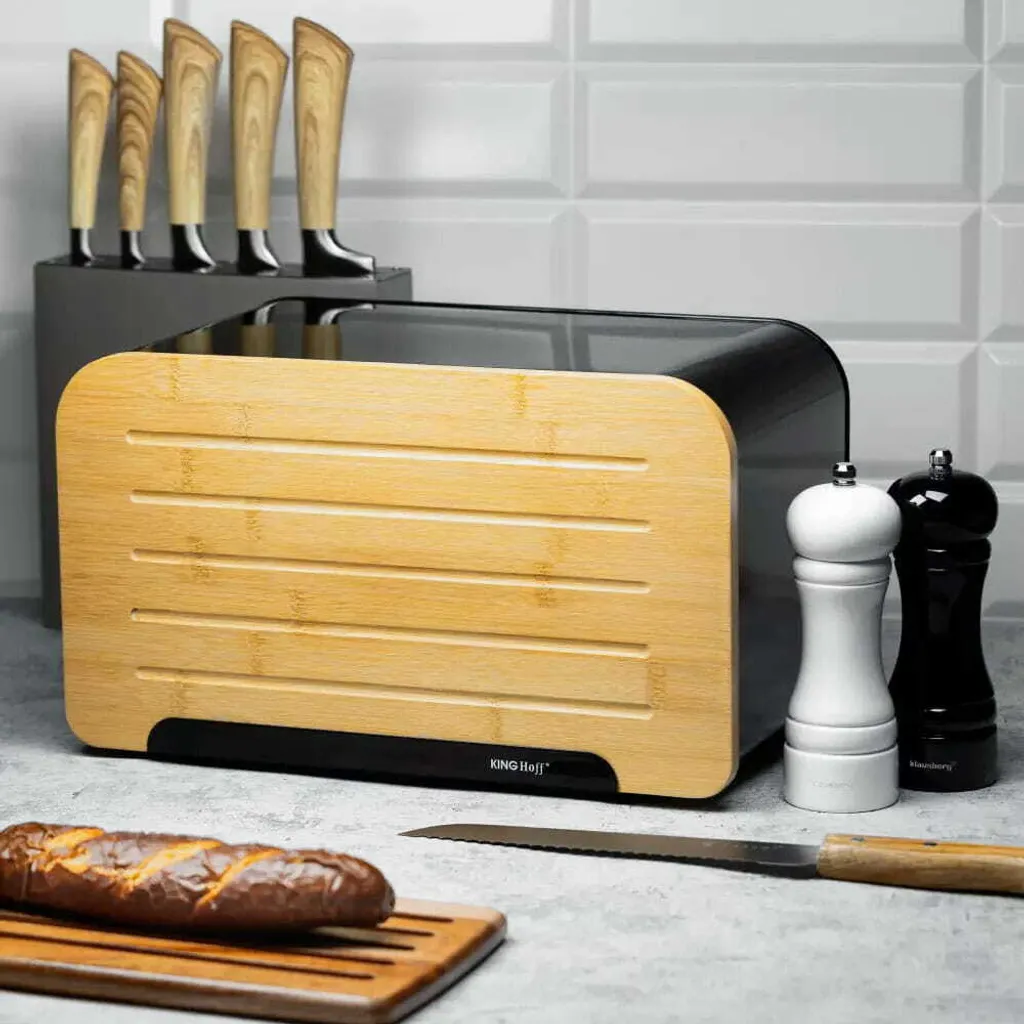 Portapane Kinghoff KH-1071 Design Acciaio Nero e Bamboo | Shop Online - 9