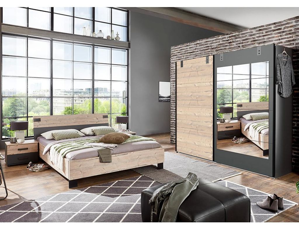 Schlafzimmer-Set mit Bett 180x200 cm & Schwebetürenschrank in Holzdekor mit graphit, 4-teilig - MONTELLA-43