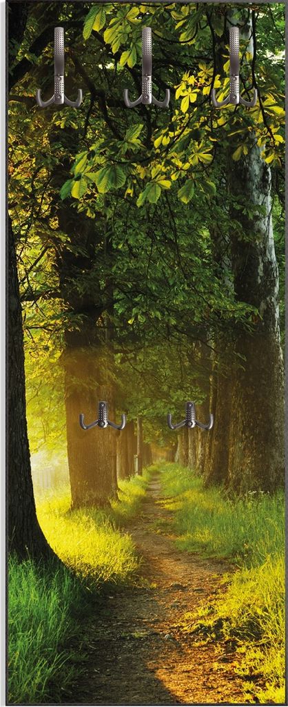 Wallario Flurgarderobe Wandgarderobe aus Holz, mit 5 Haken, Größe 50 x 125 cm, Motiv Allee bei Sonnenuntergang