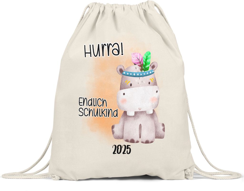 Endlich Schulkind 2025 Nilpferd Turnbeutel Schuleinführung Geschenk zur Einschulung Schulanfang