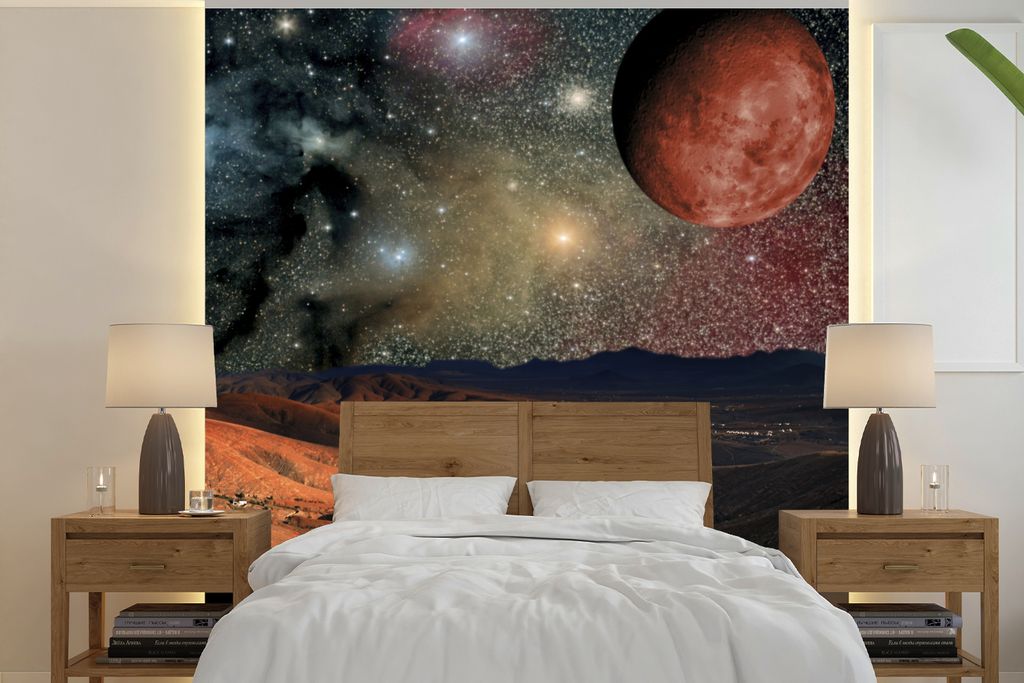 MuchoWow Fototapete für Wohnzimmer oder Schlafzimmer Wandtapete Vinyl Motivtapete Eine Illustration einer Planetenoberfläche mit Sternen und Pl...